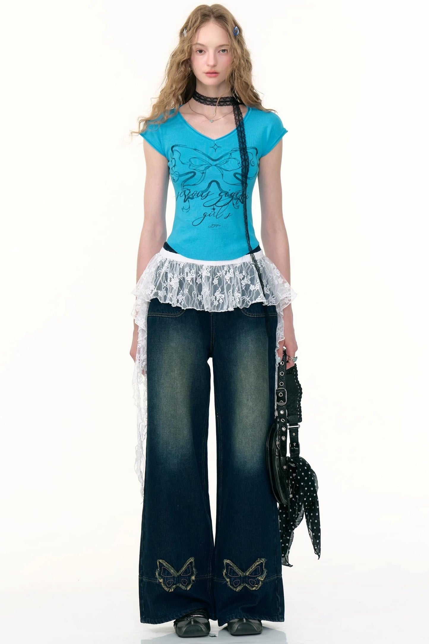 American Retro Butterfly Blue High-Waisted Wide-Leg Jeans