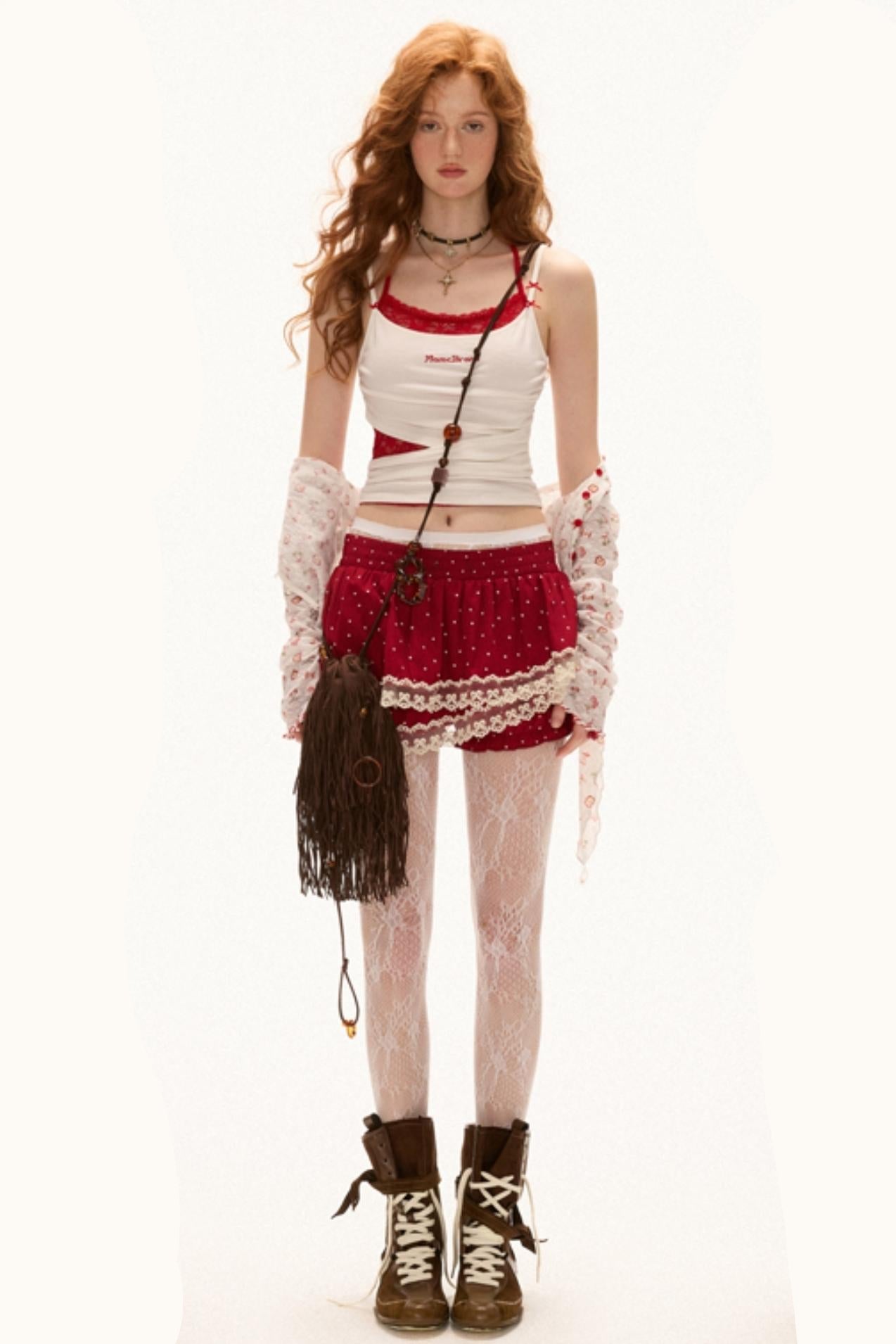 Pink Polka Dot Layered Half-Skirt