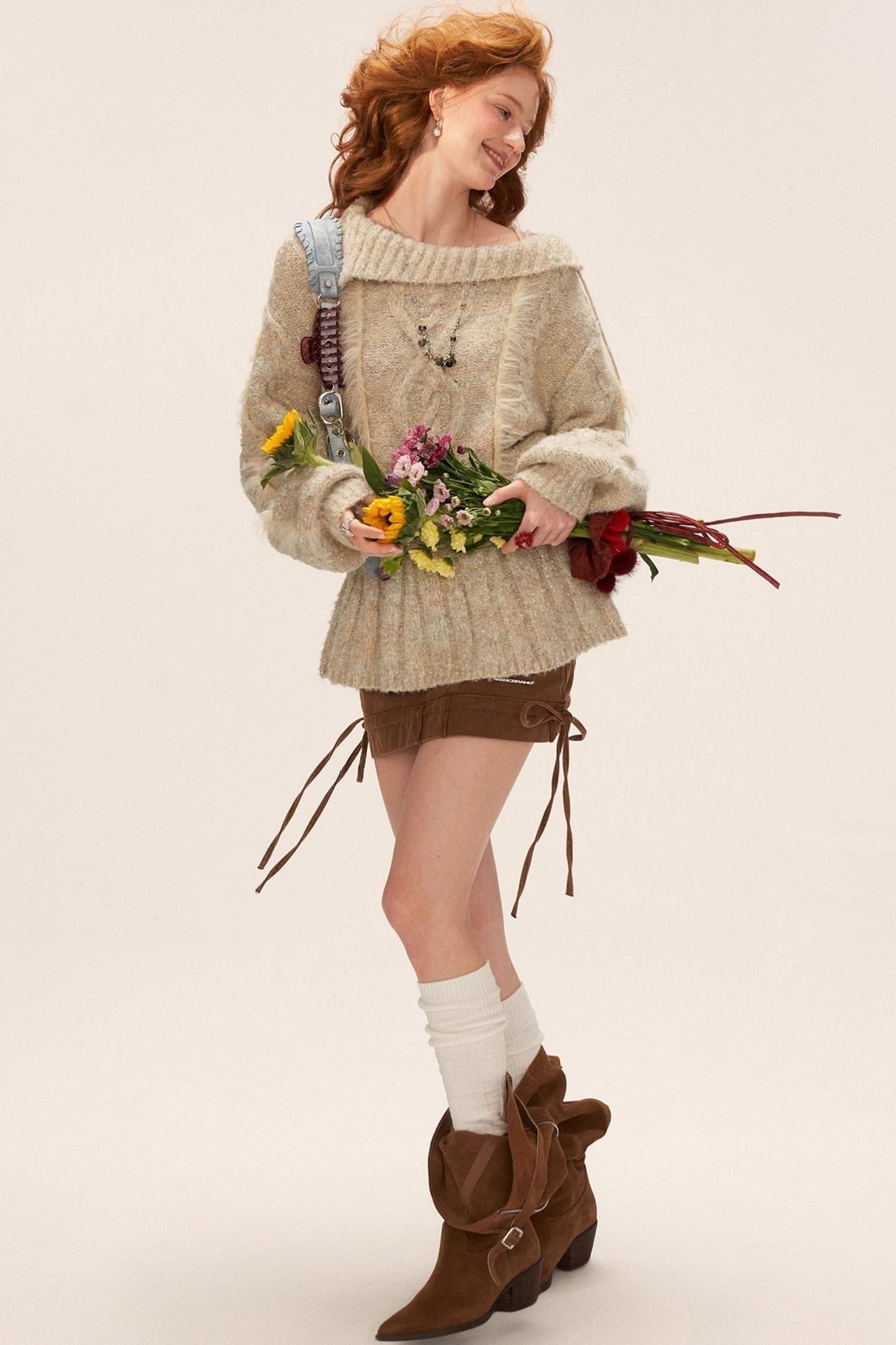 Lapel Tie Waist-Cinching Knit Sweater