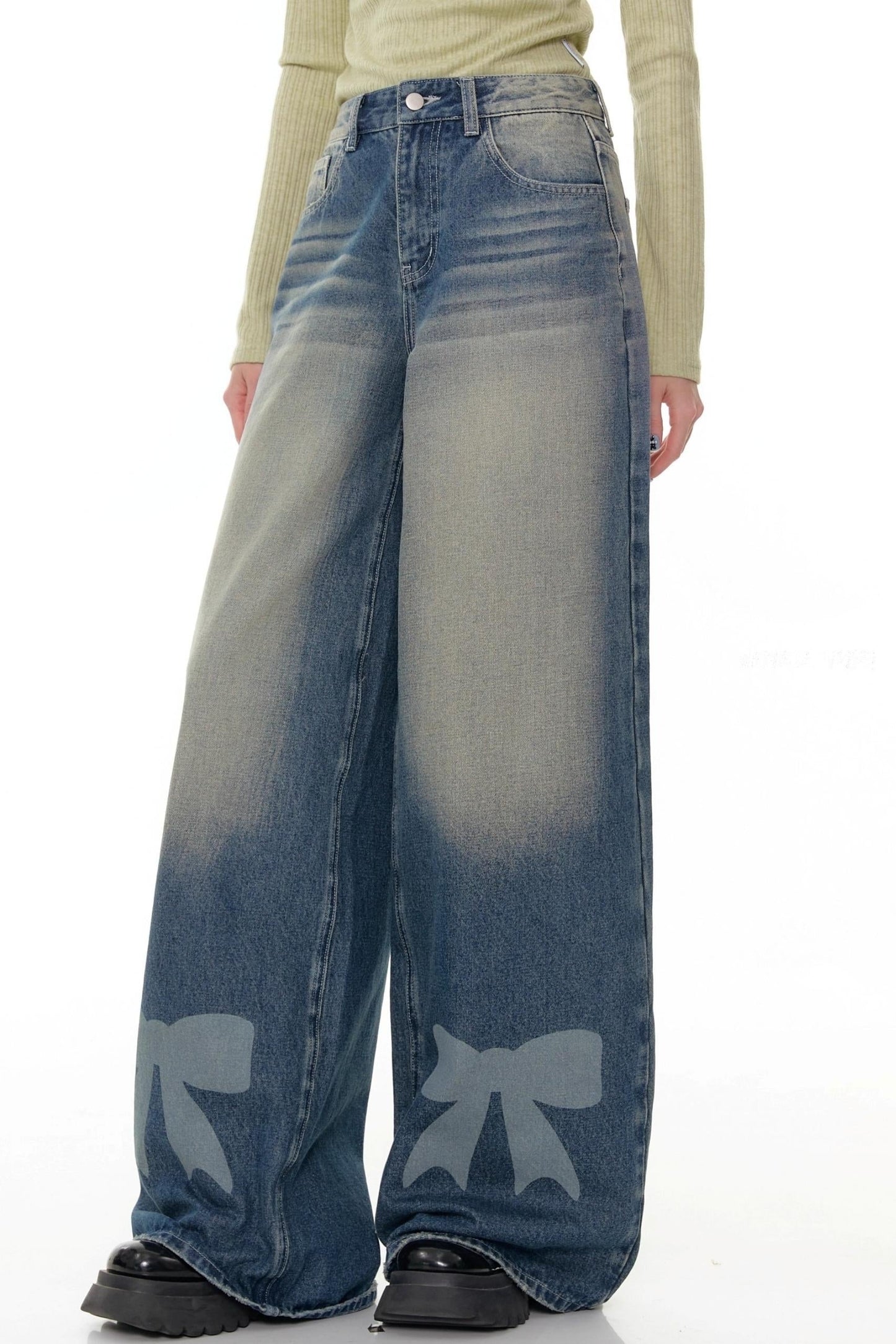 Retro Bow Design High-Waisted Denim Pants