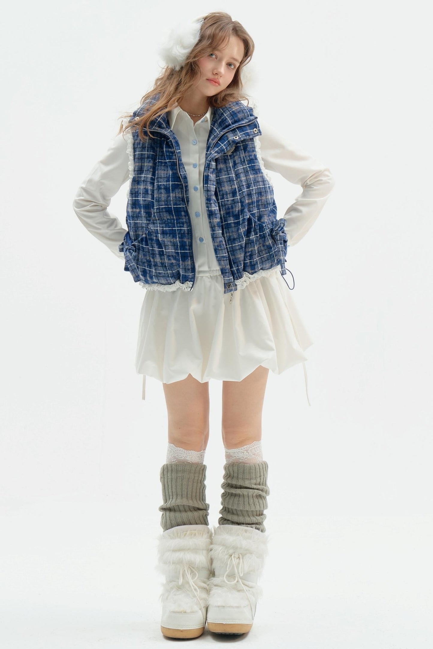 Thickened Velvet Blue Check Cotton Jacket