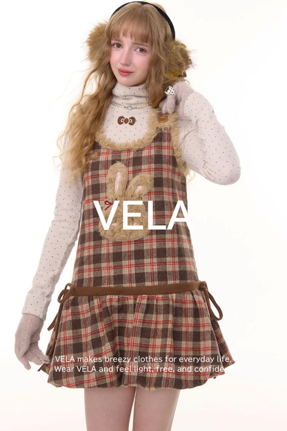 Autumn Reddish-Brown Plaid Rabbit Pocket Vest Dress