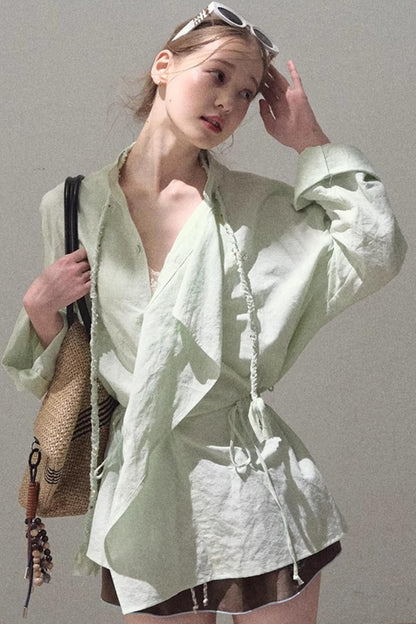 Striped Linen-Cotton Beaded Shirt