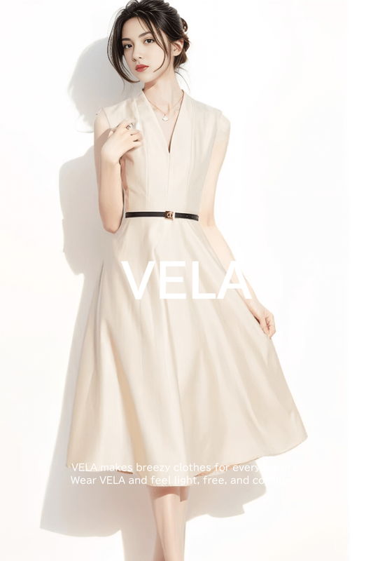 V-Neck Belted Flared Dress