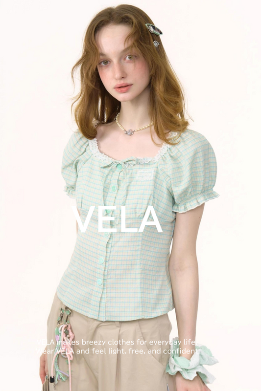 Plaid Bubble Sleeve Blouse