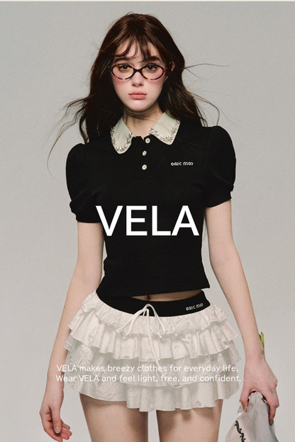 Polo Neck Short Sleeved Stretch Panelled Top