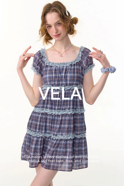 Purple Plaid Puff Sleeve Dress