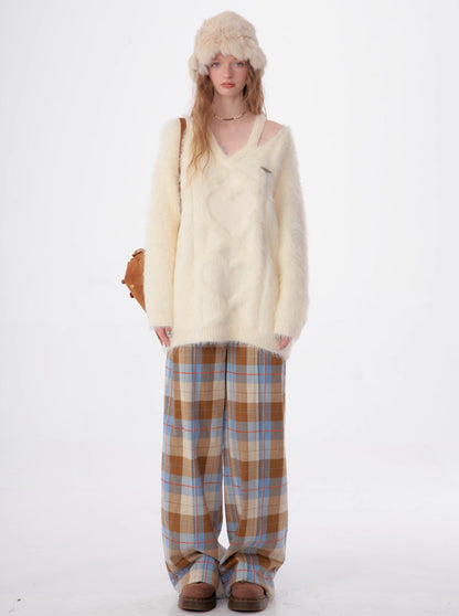 vintage check blue brown pants