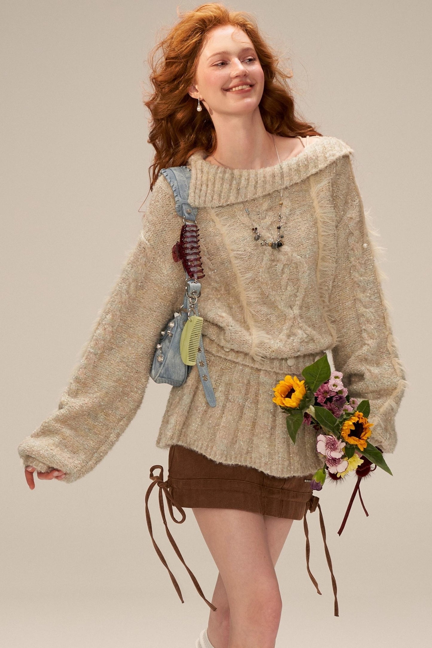 Lapel Tie Waist-Cinching Knit Sweater