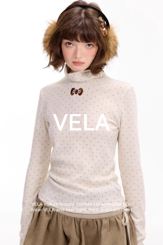 Retro Polka Dot High-Neck Long Sleeve T-Shirt