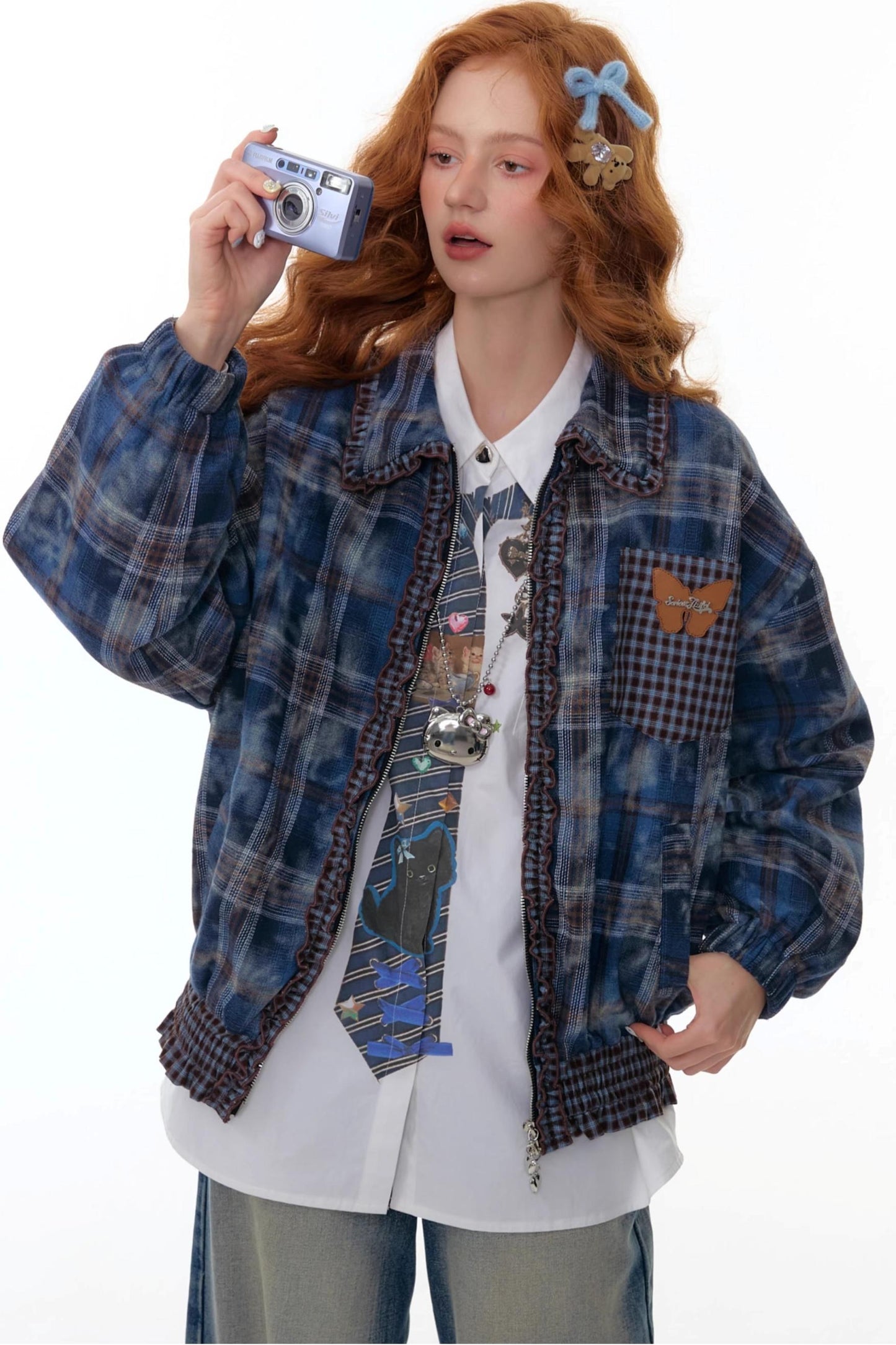 High-End Retro Blue Plaid Jacket
