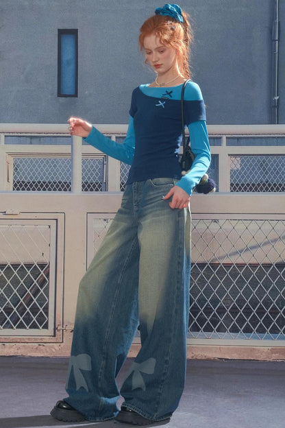 Retro Design Bow Top Long Sleeve T-Shirt