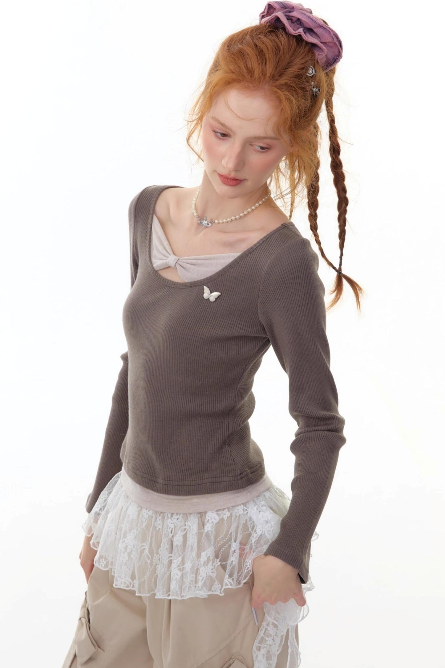 Fake Two Bow Long sleeve T-shirt