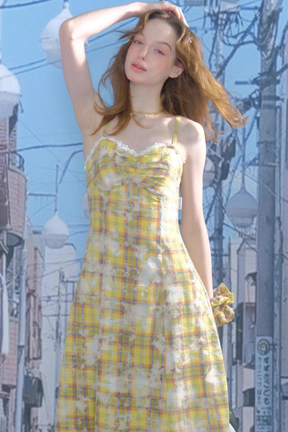 Vintage Yellow Plaid Halter Dress