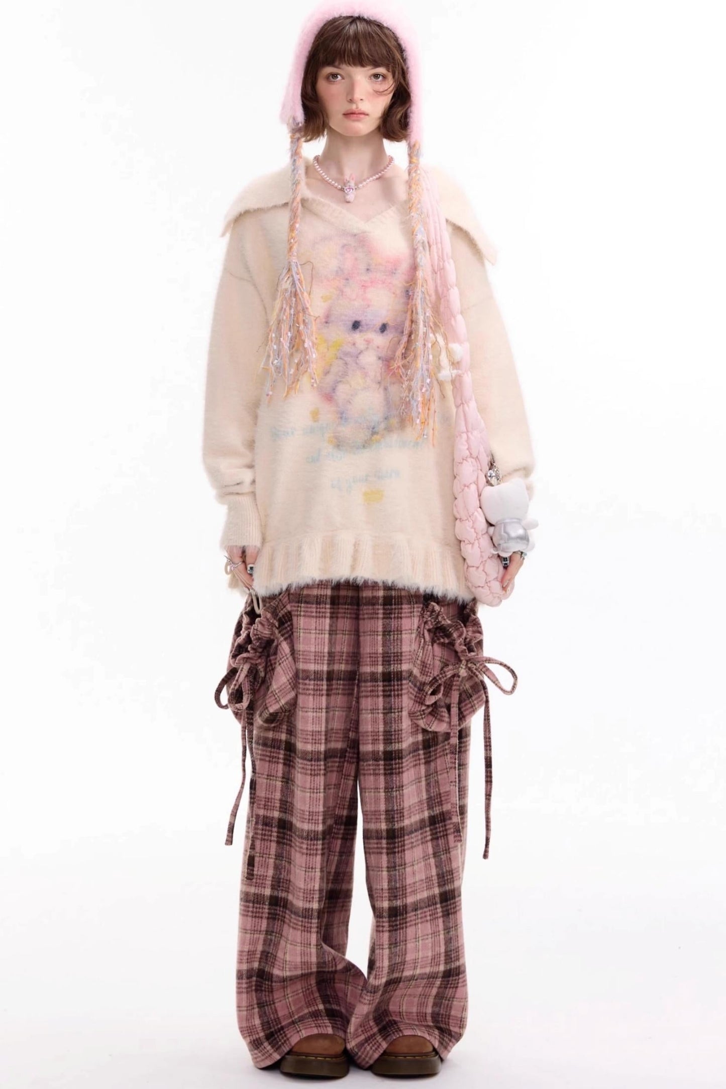 美国粉色格子阔腿裤