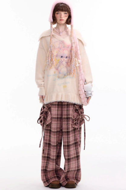 美国粉色格子阔腿裤