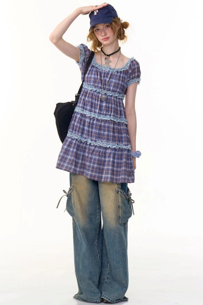 Purple Plaid Puff Sleeve Dress