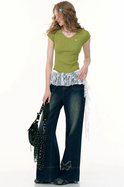 American Retro Butterfly Blue High-Waisted Wide-Leg Jeans