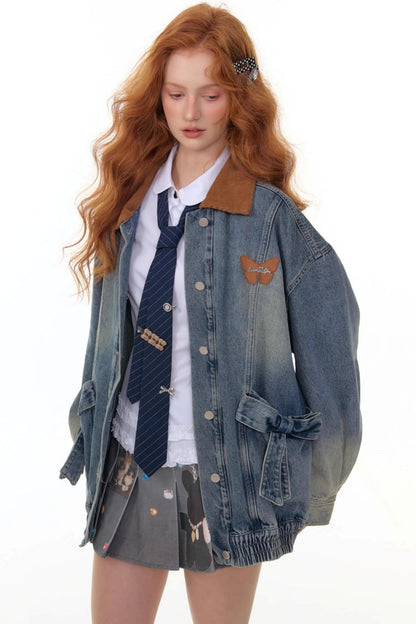 Bow Corduroy Collar Retro Denim Jacket