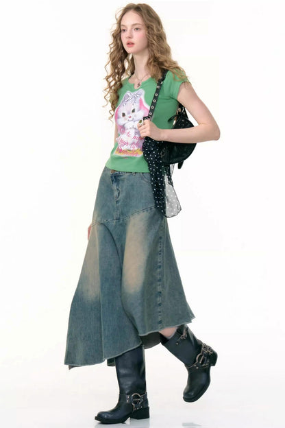 High-Waisted Irregular Denim Skirt