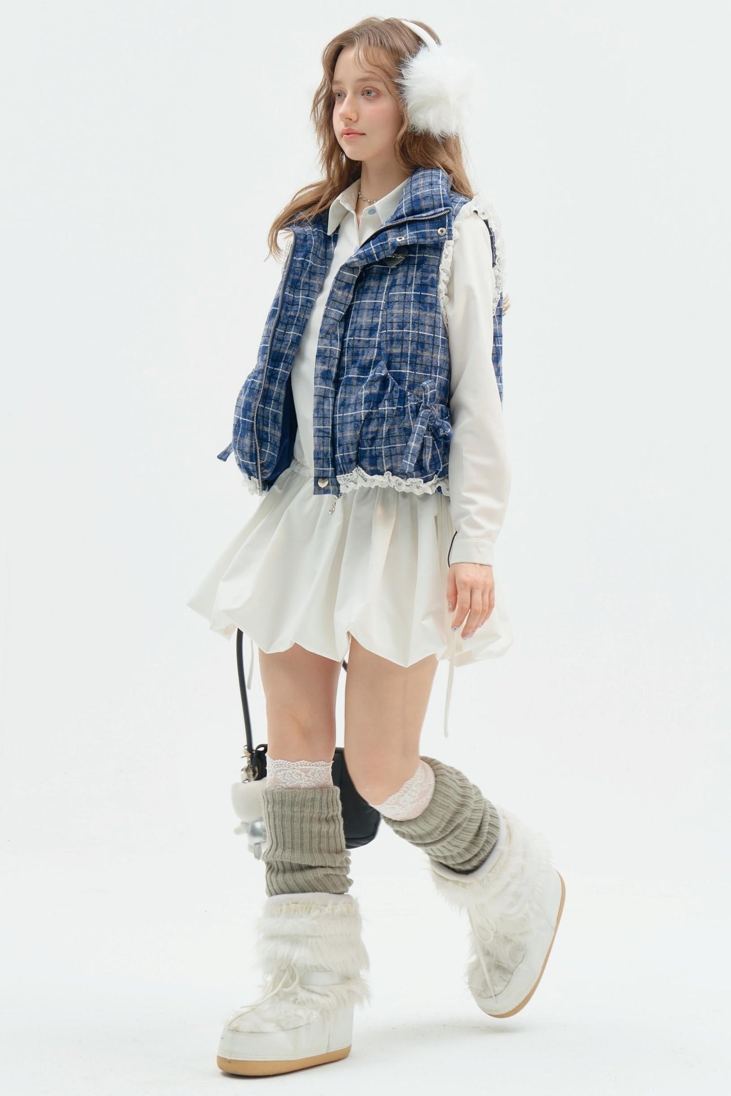 Thickened Velvet Blue Check Cotton Jacket