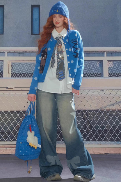 Retro Bow Design High-Waisted Denim Pants