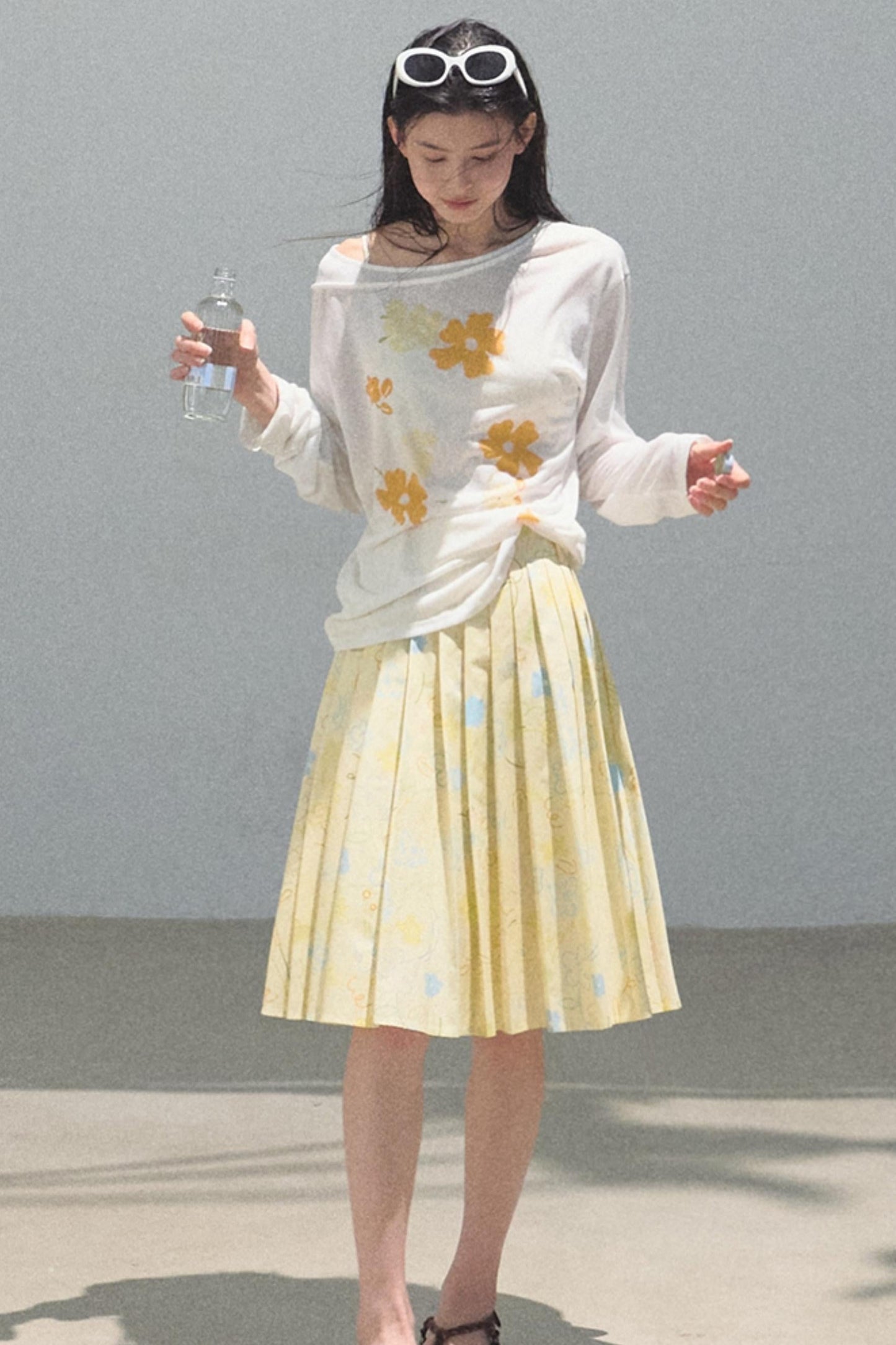 Running Waves Cotton Poplin Pleated Midi Skirt