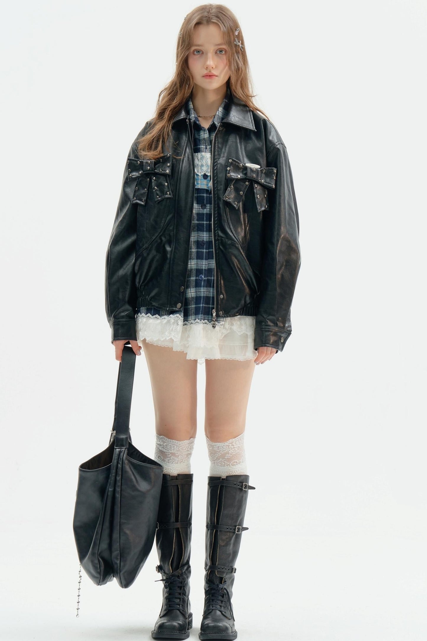 Premium Bow Black PU Leather Jacket