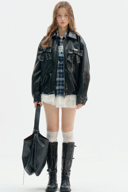 Premium Bow Black PU Leather Jacket