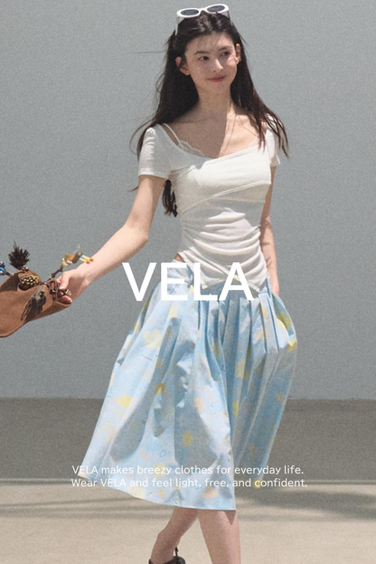 Running Waves Cotton Poplin Pleated Midi Skirt