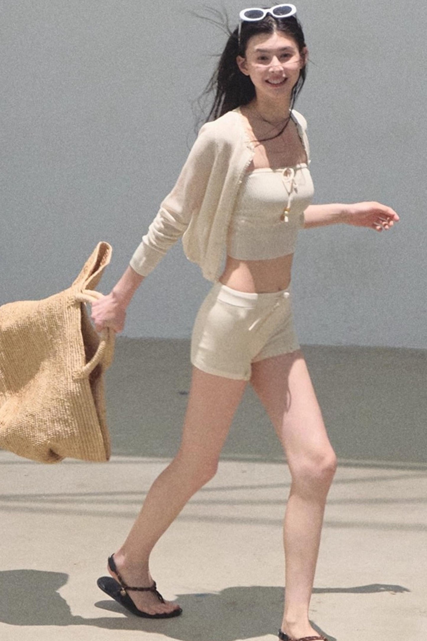 Apricot Blossom Ice Silk Knitted Cardigan Shorts Set-Up