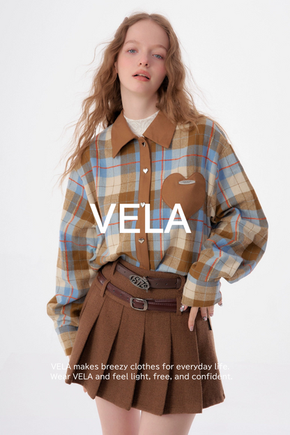 American retro casual love plaid long sleeve Shirt