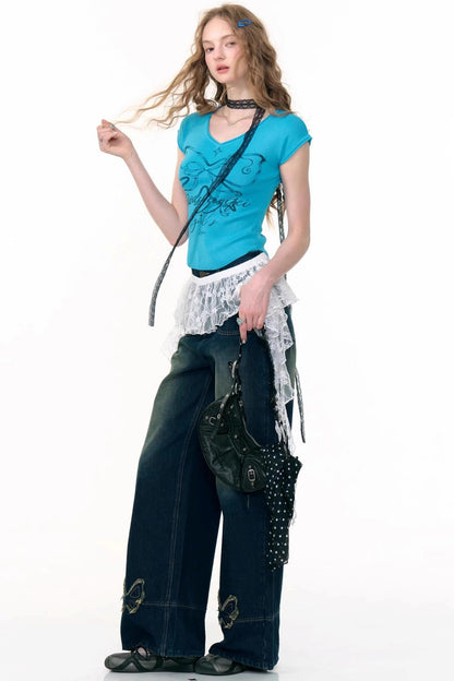 American Retro Butterfly Blue High-Waisted Wide-Leg Jeans