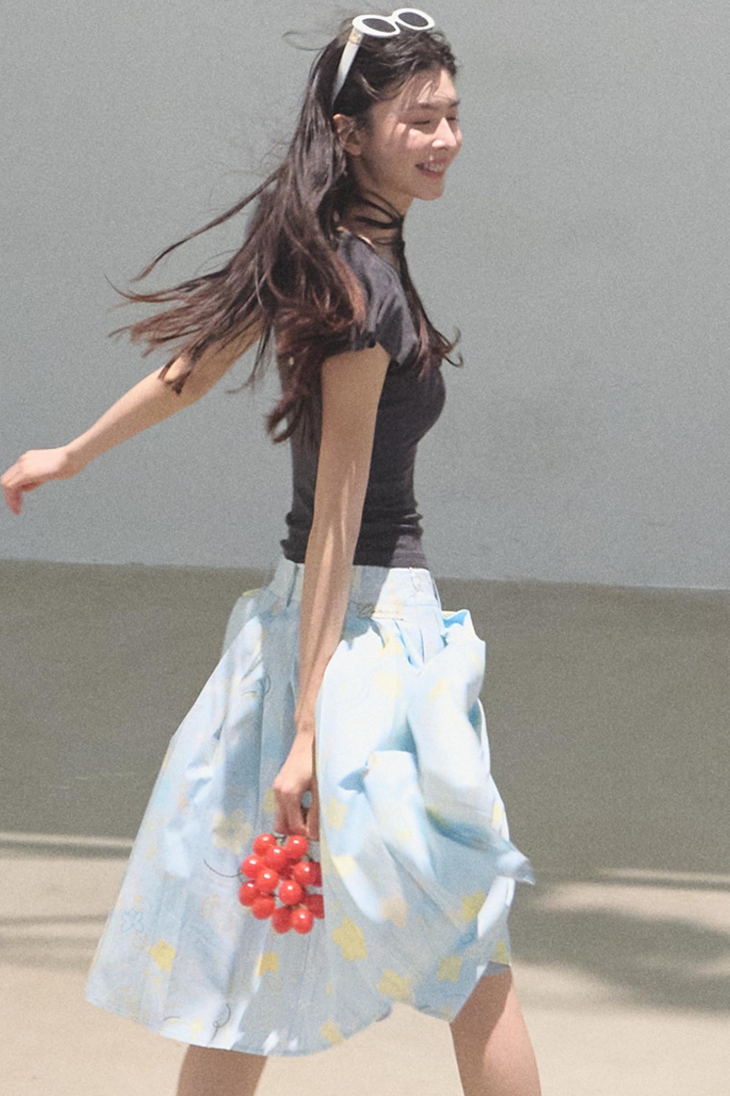 Running Waves Cotton Poplin Pleated Midi Skirt