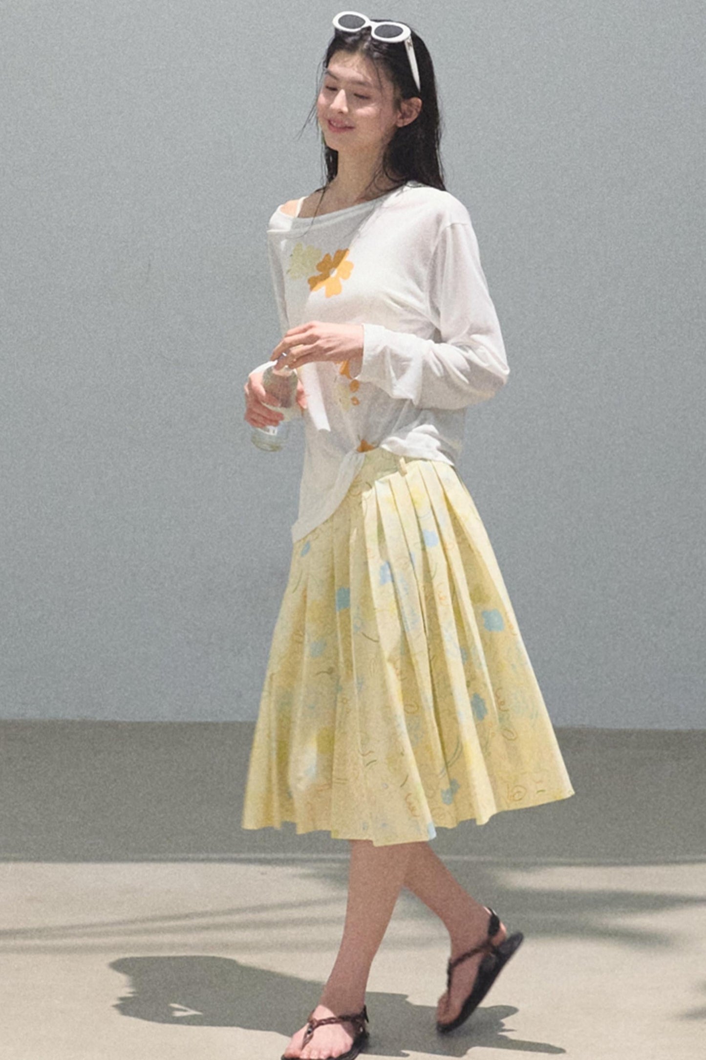 Running Waves Cotton Poplin Pleated Midi Skirt