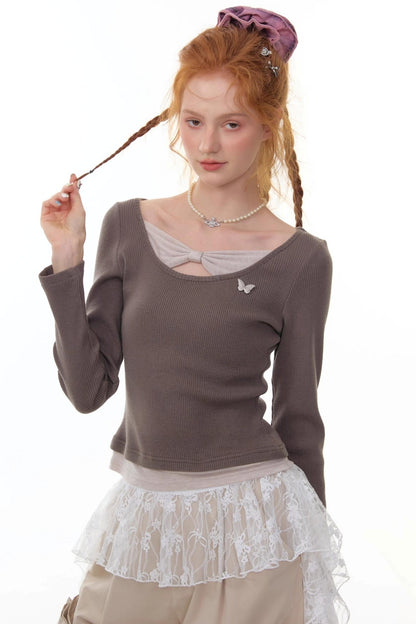Fake Two Bow Long sleeve T-shirt