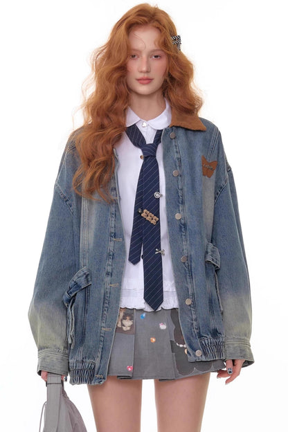 Bow Corduroy Collar Retro Denim Jacket