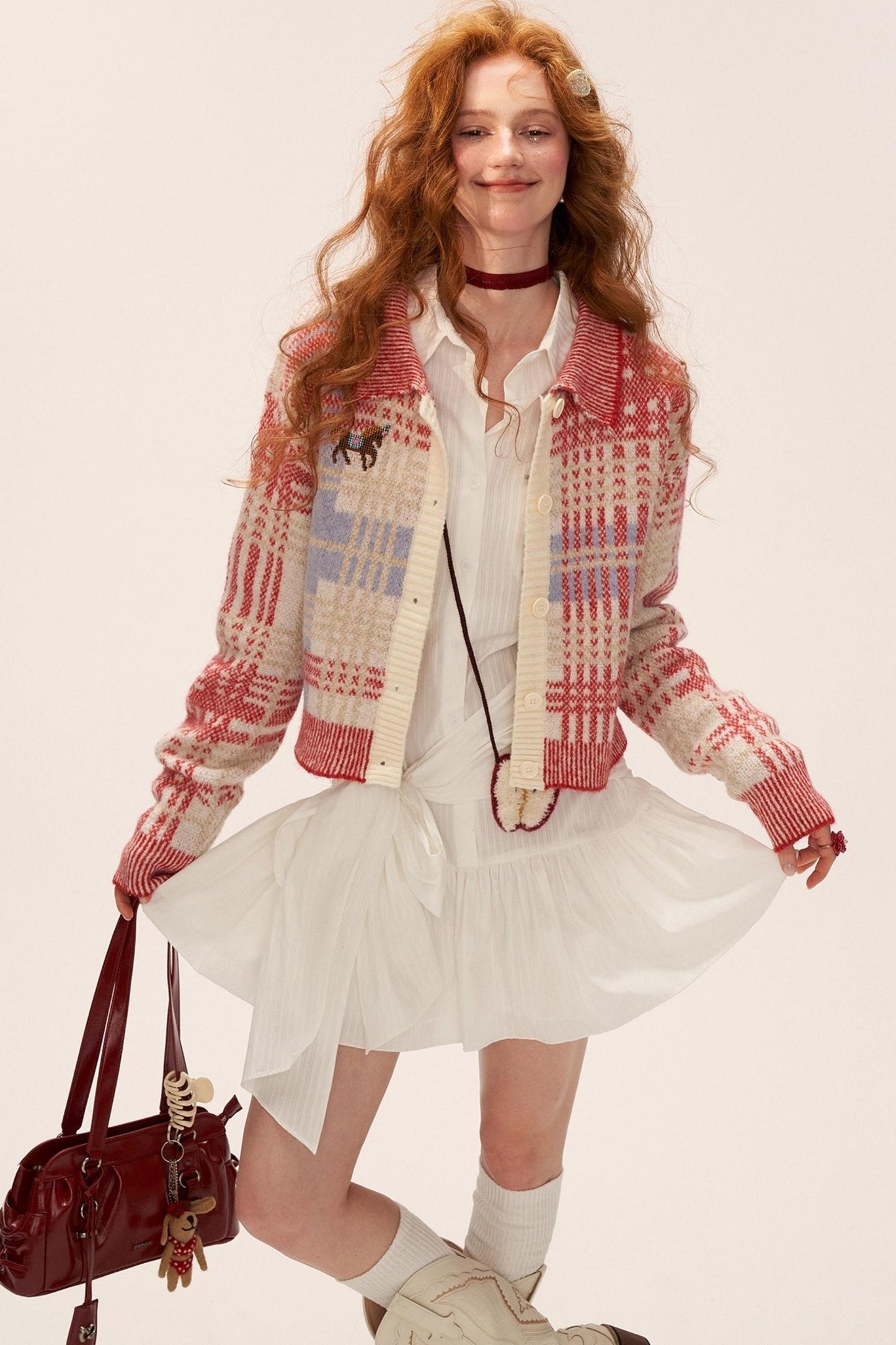 Plaid Red Knit Cardigan