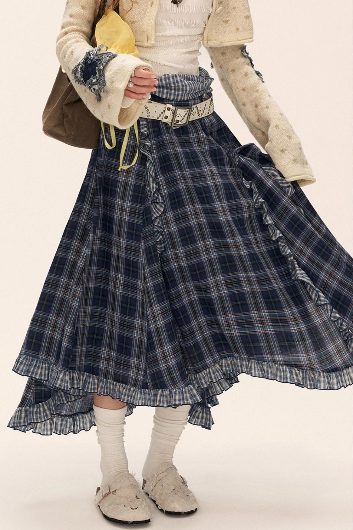 Spliced ​​Plaid Long Skirt