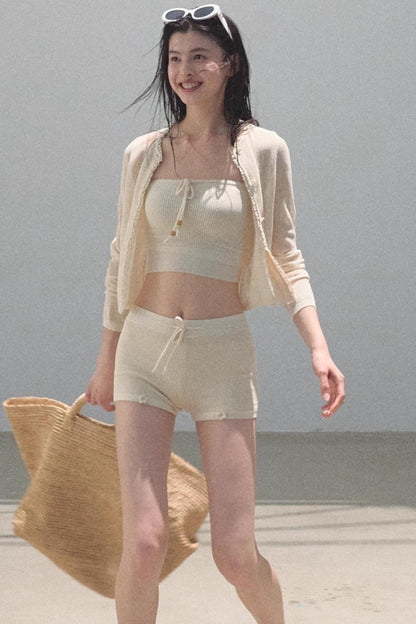 Apricot Blossom Ice Silk Knitted Cardigan Shorts Set-Up