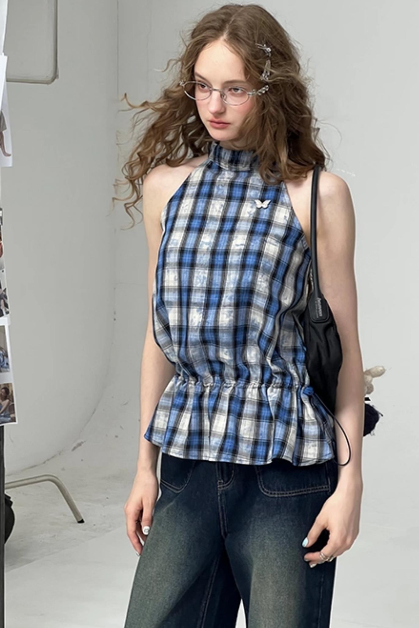 Blue Plaid Halterneck Vest