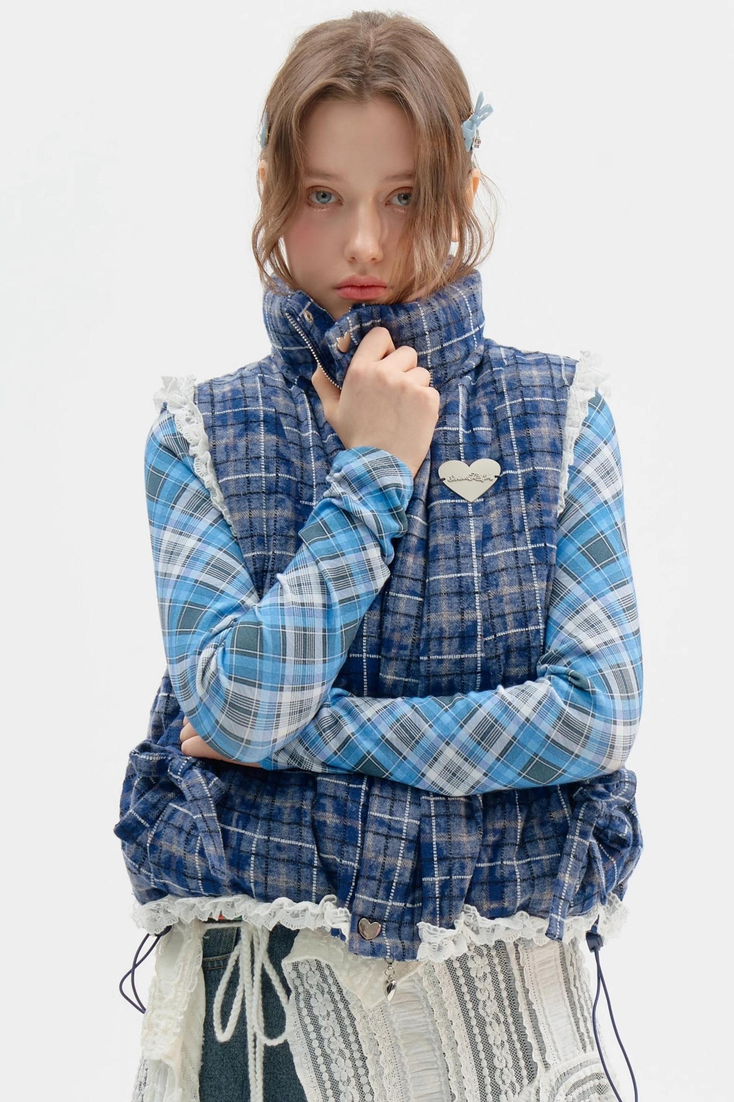 Thickened Velvet Blue Check Cotton Jacket