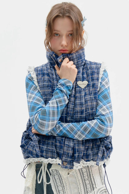 Thickened Velvet Blue Check Cotton Jacket