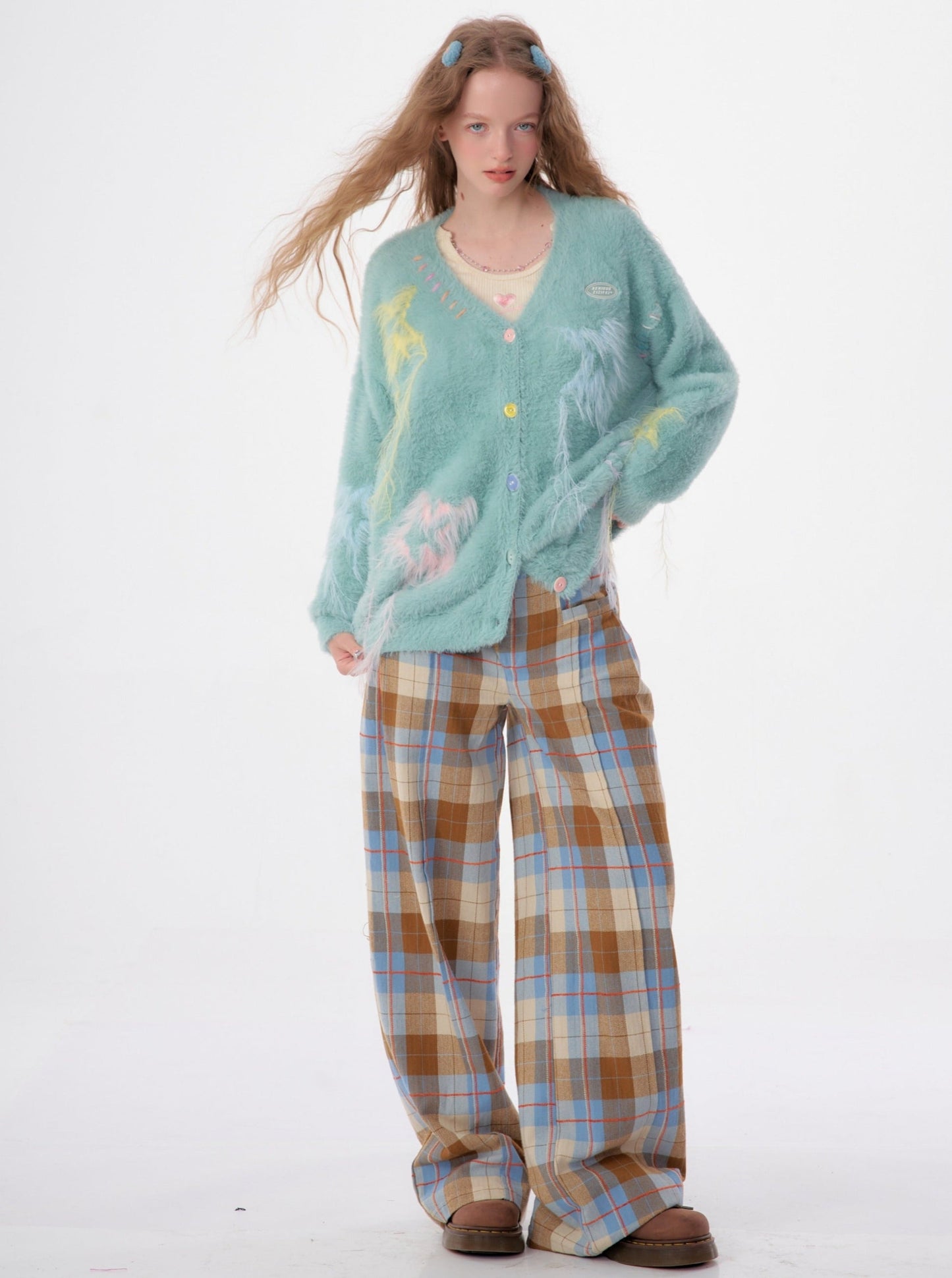 vintage check blue brown pants