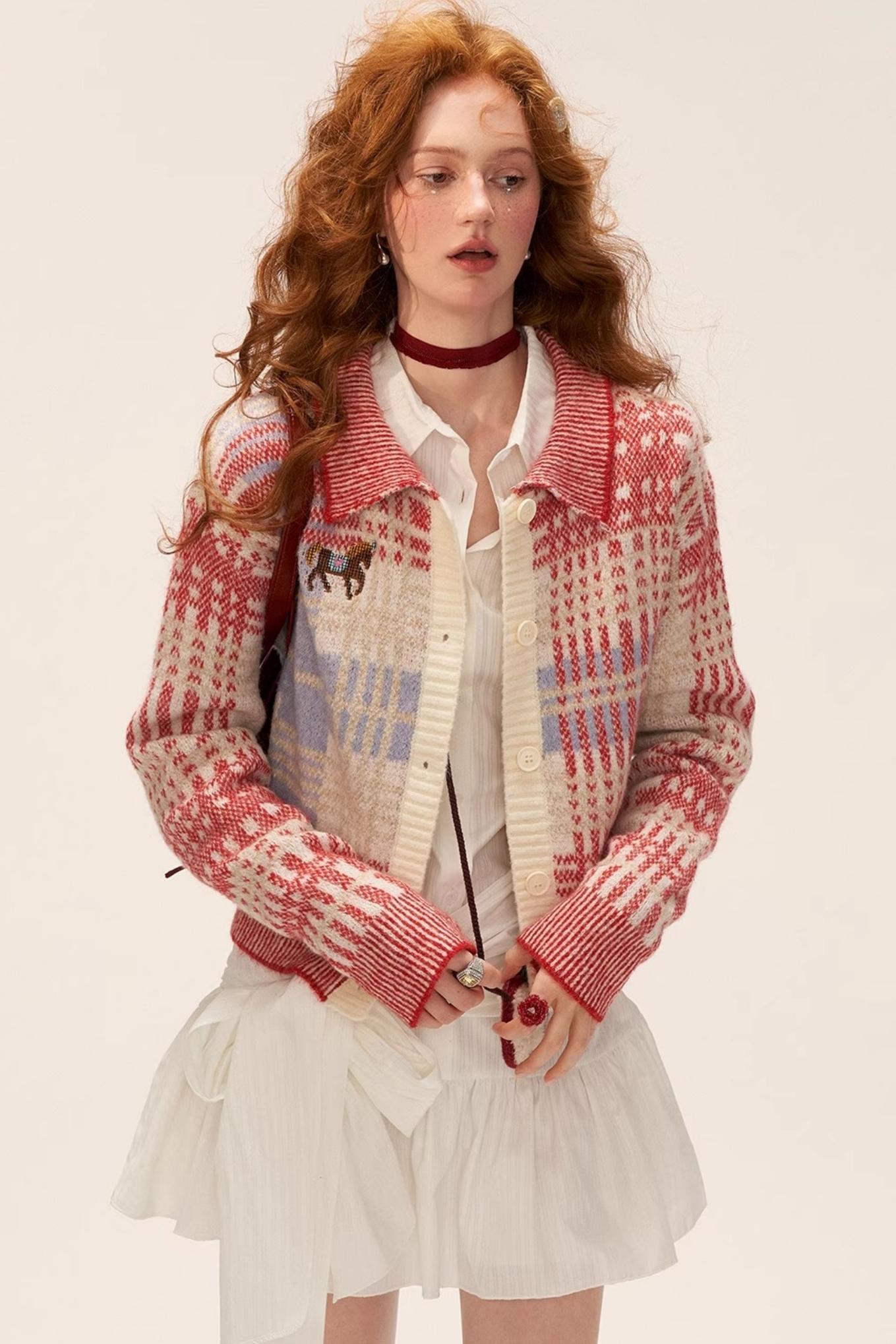 Plaid Red Knit Cardigan