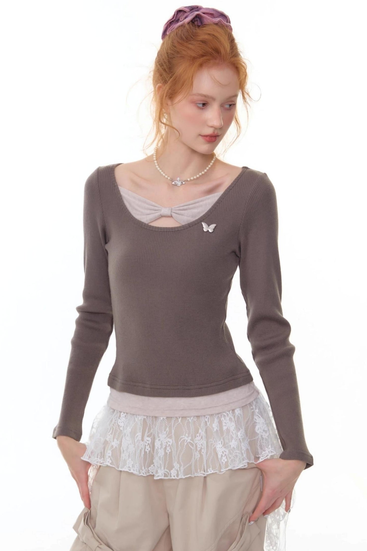 Fake Two Bow Long sleeve T-shirt