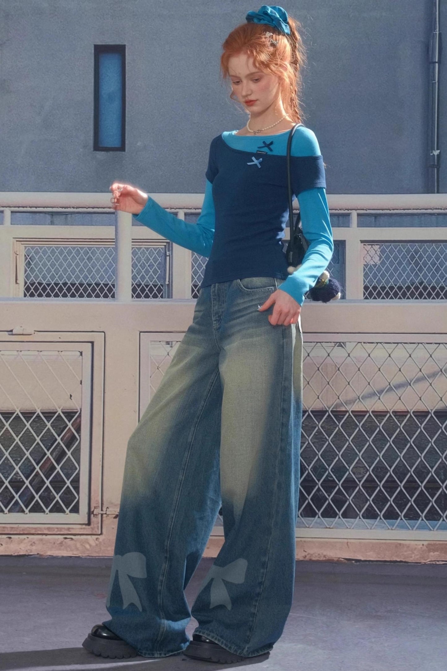 Retro Bow Design High-Waisted Denim Pants