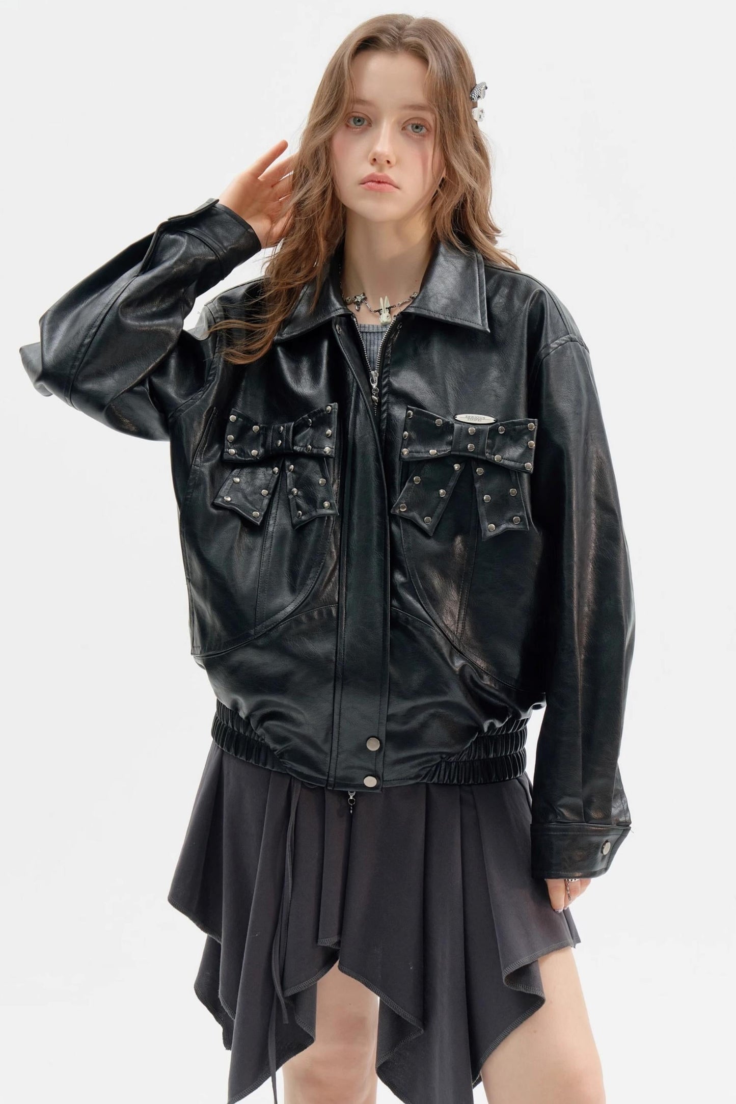 Premium Bow Black PU Leather Jacket