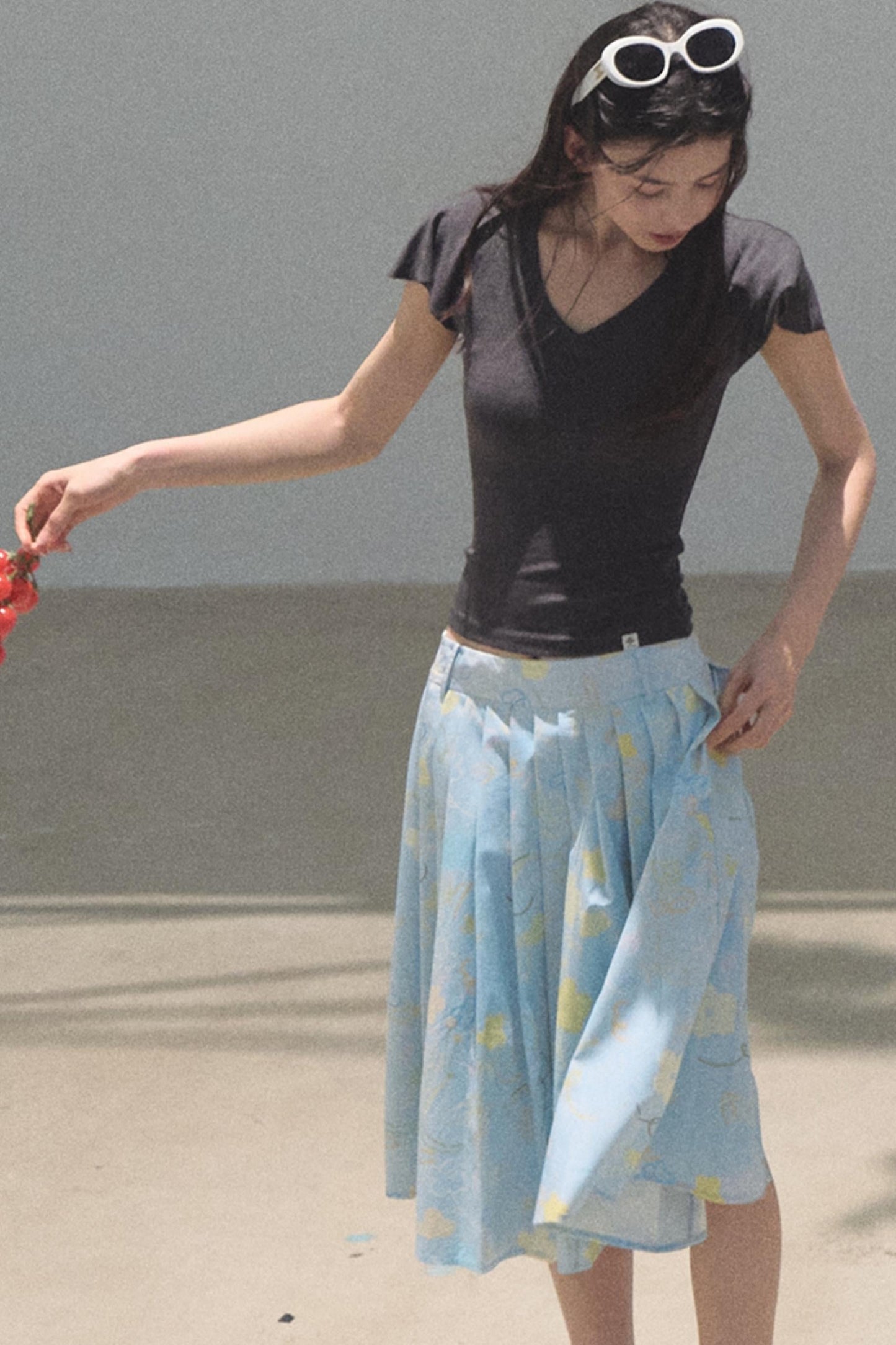 Running Waves Cotton Poplin Pleated Midi Skirt