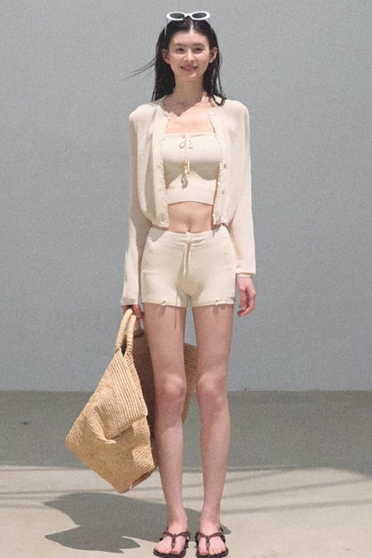 Apricot Blossom Ice Silk Knitted Cardigan Shorts Set-Up